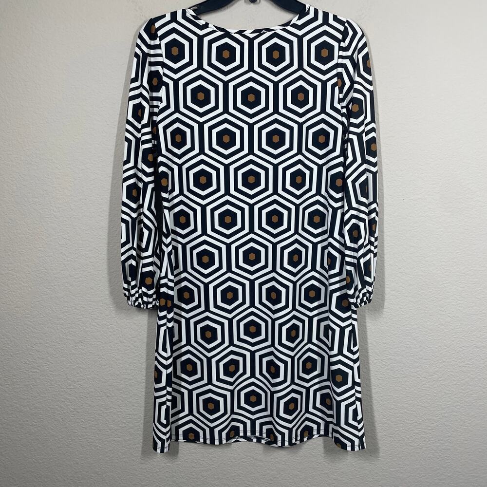 Jude Connally Small Geo Honeycomb Shift Dress Black White Crew Neck Long Sleeves - Picture 6 of 7